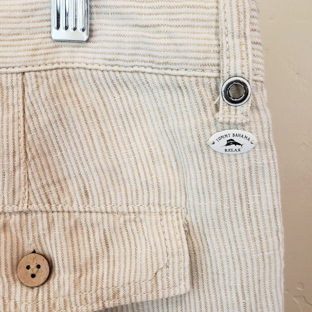 Tommy Bahama Relax linen shorts, tan and white fine stripe, size 34, like new!